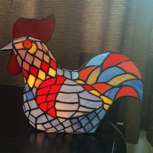 Vintage Tiffany Style stained glass hen rooster lamp nightlight. New in box.